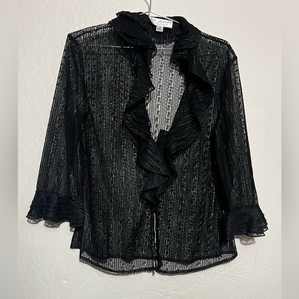 Elegant st. John evening sz 12 Black Ruffled sheer Women's Top buttons damaged